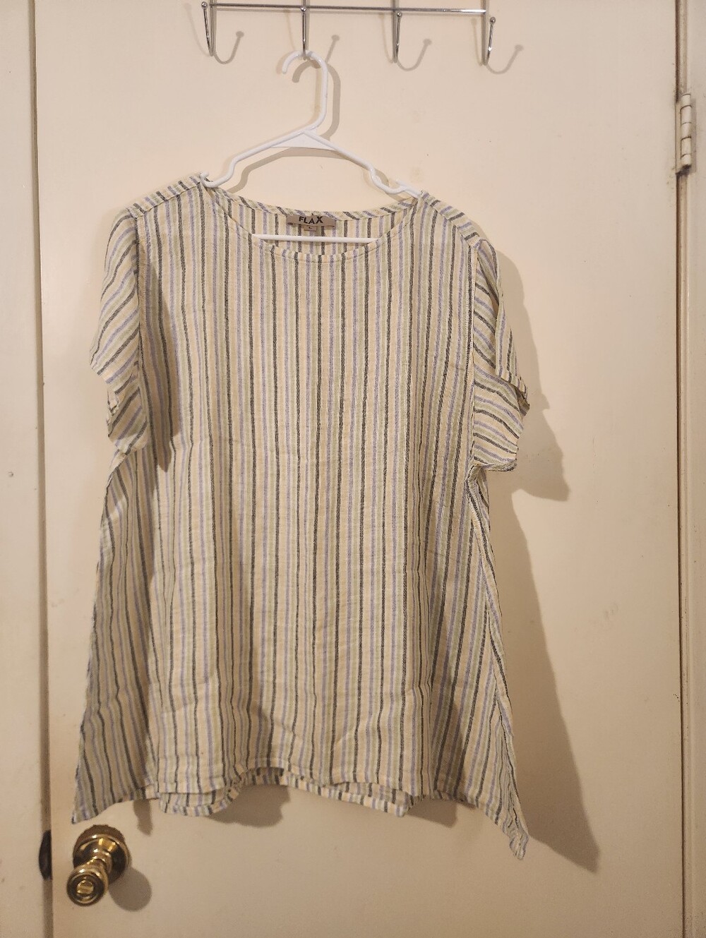 Flax Cream Top with Blue & Gray Stripes